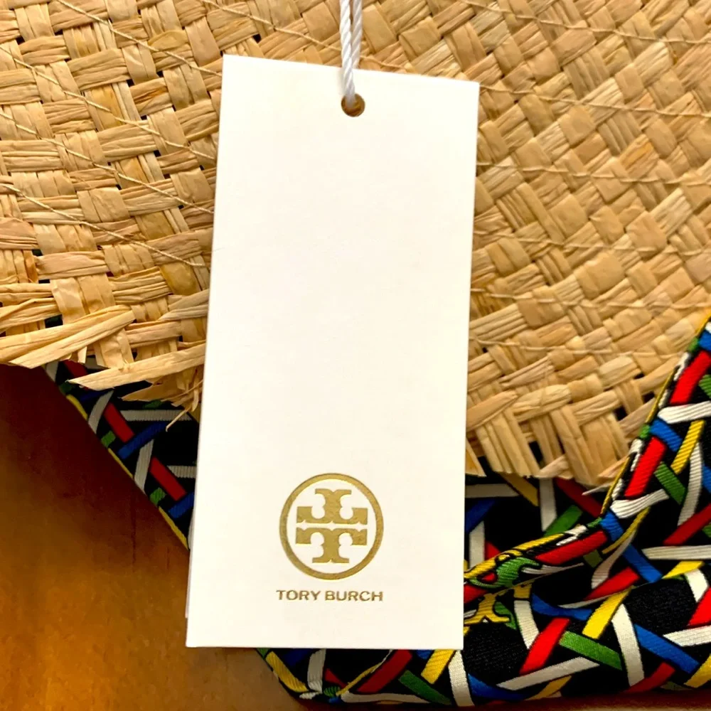 Tory Burch Straw Hat with Silk Tie in Black Basketweave Print - NWT, OS - Picture 4 of 6